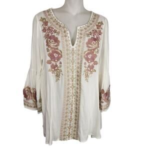 R2 Womens Blush & Taupe Embroidered Top 3/4 Bell Sleeve Floral Ivory Small Boho